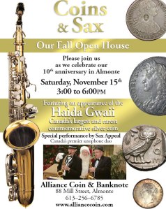 Poster with details for Coins & Sax anniversary event